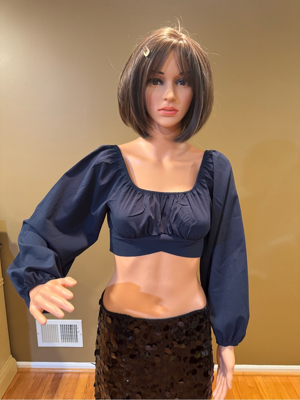 SHEIN Navy Long Sleeve Square Neck Crop Top